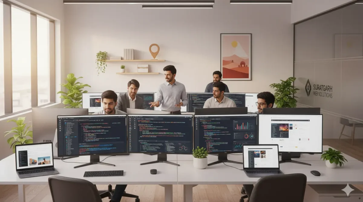 "Team of professional web developers working collaboratively at a modern office of the Best website development company in Suratgarh, coding on multiple monitors with a tech-driven and creative environment."